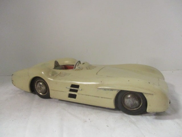 Vintage West Germany Mercedes Ivory Pull Back Tin Racer: pull back and wheels turn, 10 1/2" long