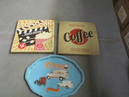 Two Printed Canvas "Coffee" Themed Art and "Standard Coffee Service Since 1903": Serving Tray. Art 14"square, tray 17 1/2" x 13", some scratches on tray