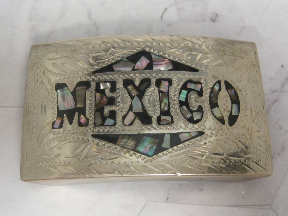 Mexican Silver "Mexico" Belt Buckle with Mother of Pearl Inlay: Weighs 43.5 grams
