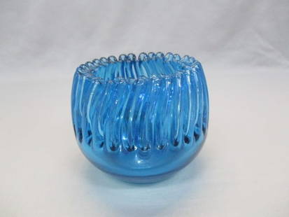 Vintage Blenko Blue Glass Crimped Rose Bowl: 4"
