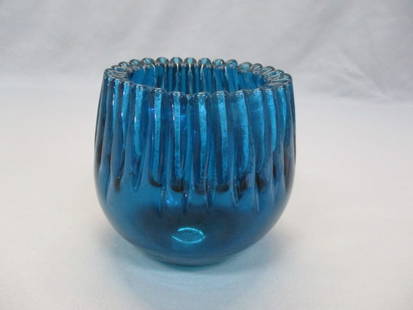 Vintage Blenko Blue Glass Crimped Rose Bowl: 4"