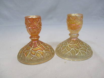Vintage Imperial Marigold Carnival Glass Candlestick Holders: 3.5"
