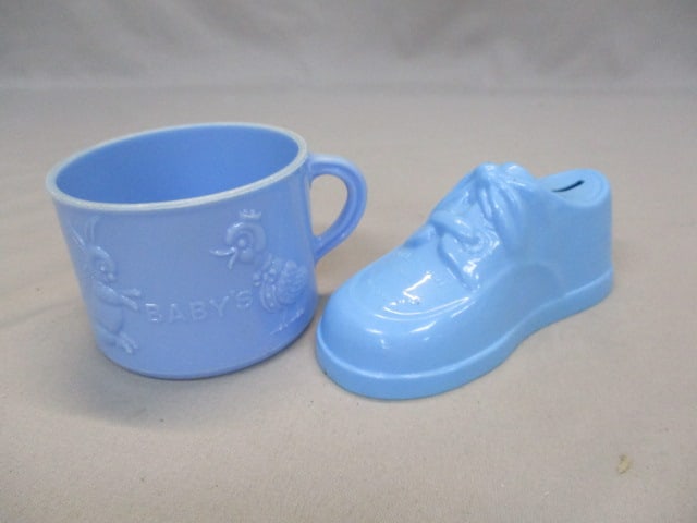 Vintage Blue Plastic Baby's First Mug Embossed: Bunny & Duck 2.5" - Vintage Blue Plastic Shoe Bank 4" x 2"