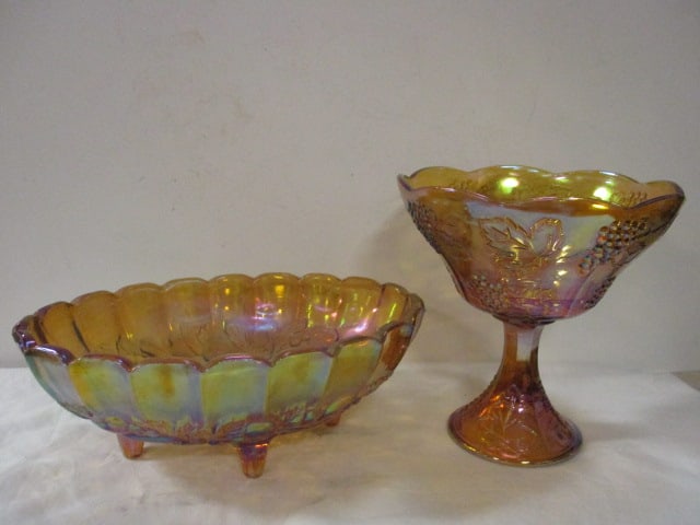 Iridescent Footed Fruit Bowl and Pedestal Centerpiece: Footed bowl 12 1/2" x 8 1/2" x 4 1/2", Centerpiece 8 1/4"dia x 8 1/2"h