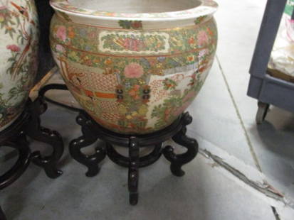 Chinese Porcelain Fish Bowl Planter with Wood Stand: Planter 14 1/2"dia x 11"h, stand 9"h, Local Pickup Only