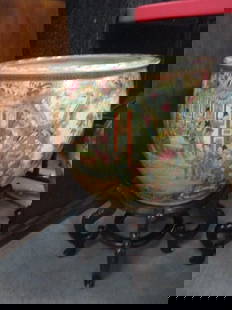 Chinese Porcelain Fish Bowl Planter with Wood Stand: Planter 16"dia x 14"h, stand 10 1/2"h, Local Pickup Only