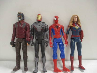 Four Hasbro Marvel Avengers 11 1/2" Action Figures: 2013 Spider-Man, 2018 Captain Marvel, 2018 Endgame Team Suit Iron Man and 2018 Star-Lord