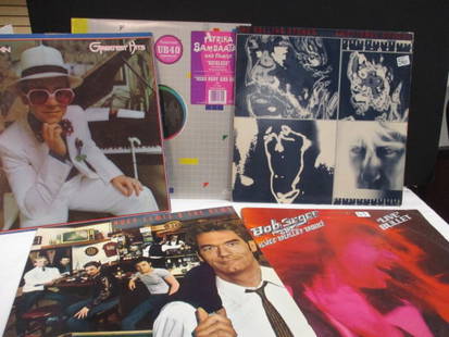 Five 1970-80s Pop/Rock Vinyl LPs: Rolling Stones Emotional Rescue, Elton John Greatest Hits, Huey Lewis and The News Sports, Bob Seger and The Silver Bullet Band "Live" Bullet Double Record Set and Afrika Bambaataa and Family