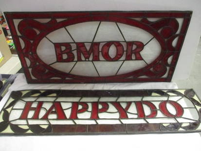 Two Stained Glass Style Panels: "BMOR"-26 1/2" x 13", "HAPPYDO"-31 1/2" x 8 1/2"letters in center, Local Pickup Only