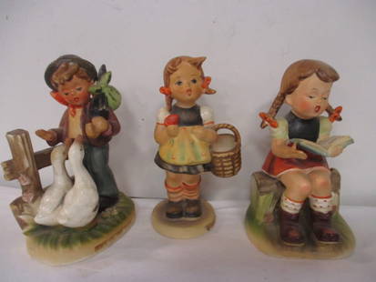 Vintage Erich Stauffer Arnart Creation and Hummel Figures: Erich Stauffer "Life on the Farm"-5 1/2"h and "Girl with Songbook"-5"h and Goebel "Sister"-5 1/4"h #98/0(slight crazing on bottom)
