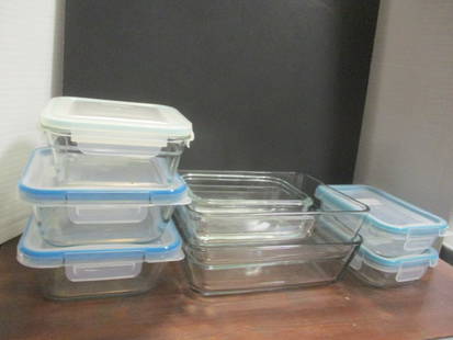 Lot of Pyrex Clear Glass Storage Dishes - Some with Snapware Lids: see pictures and preview for selection and condition