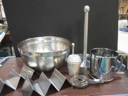 Stainless Steel Mixing Bowl, Sifter, Taco Stand, and Paper Towel Holder: .