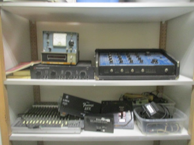 Two Shelves of Old Audio Equipment-Amplifiers, Mixers, Power Cords, etc. (1 of 16)