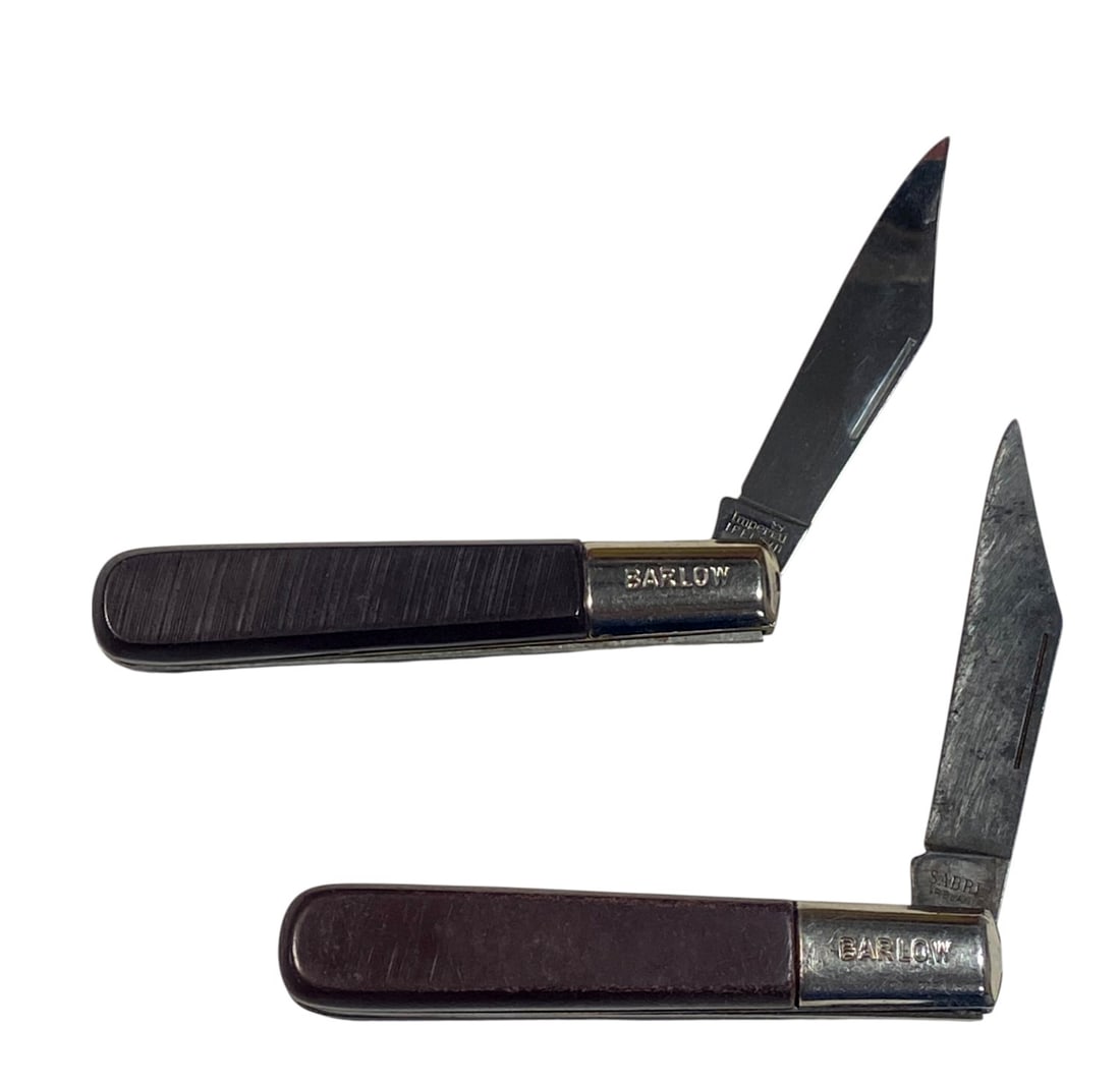 (2) Barlow Ireland Pocket Knives: 1- Barlow Imperial Ireland Pocket Knife- in very good condition with handling marks/signs of use, 2- Barlow Sabre Ireland Pocket Knife- in decent condition with handling marks and some spotting on bla