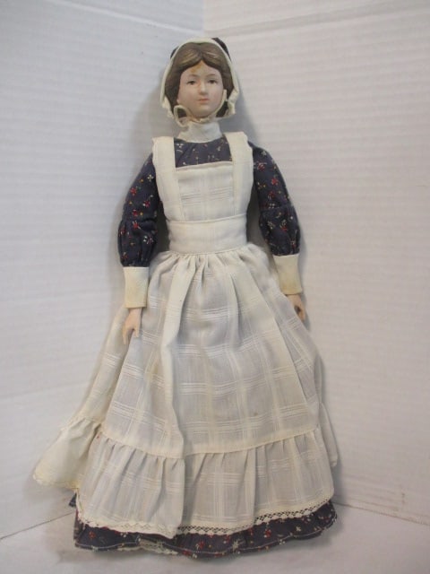 Old Bisque Head/Feet/Hands Doll in Pioneer Dress: 17 1/2"h, per consigner note over 50 years old and clothes were handmade