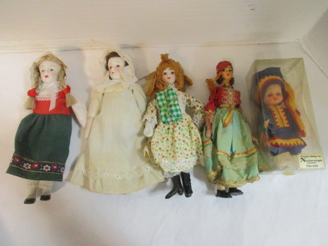 Grouping of International Collectible Dolls: (3)7 1/2"h bisque head/feet/hands dolls, (1)Plastic face/hand sleepy eye doll, (1)Handpainted face doll