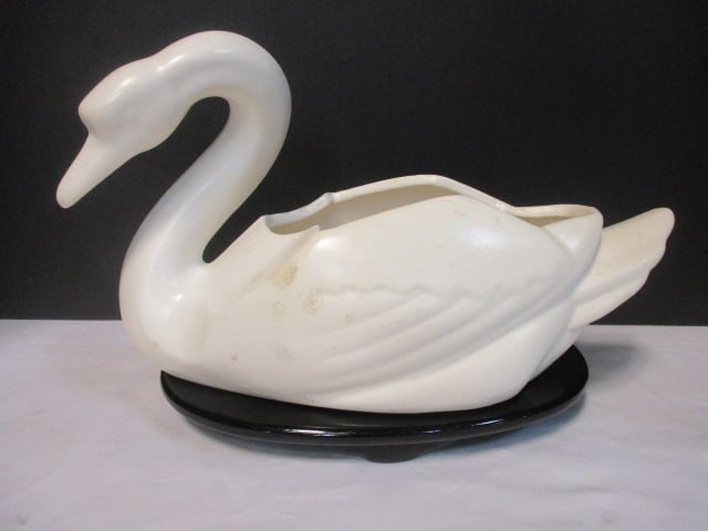 Vintage Bauer USA Pottery Swan Planter and Sensu Stand: Swan 12" long, made in Atlanta USA, Stand 9 1/2" x 6 1/2" x 1"