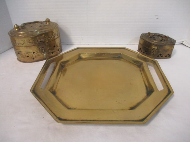 Two Brass Cricket Boxes and Tray (1 of 9)