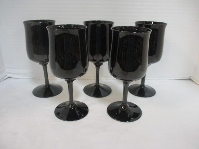 Five Lenox Midnight Mood Black Wine Glasses: 6 1/4"h, one has chip on foot