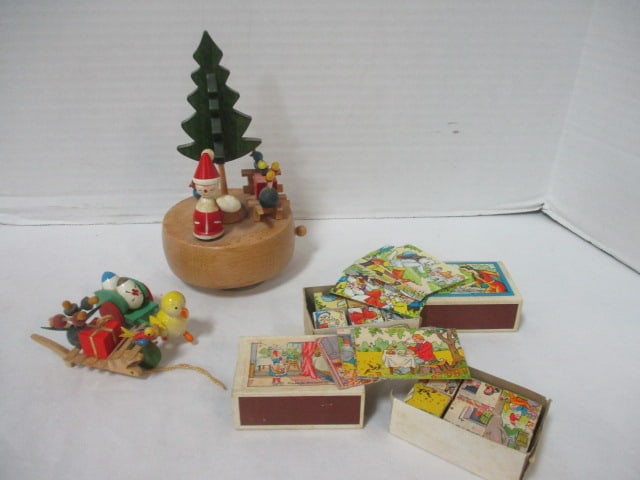 Vintage German "Matchbox" Puzzle Cubes, Schmid Bros. "Santa Is Coming to Town": Wooden Music Box and Wooden Easter/Spring Figures