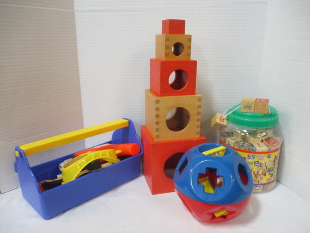 Vintage Tupperware Shape Sorter, Toy Hand Tool Kit, Jug of Wooden Blocks: and Wooden Nesting Blocks