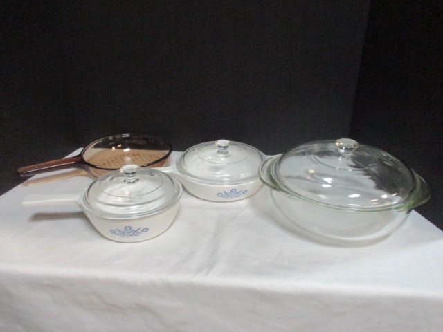 Brown Vision Ware 7" Skillet, Pyrex Casserole and Corning Ware: Blue Cornflower Lidded Sauce Pan and Skillet