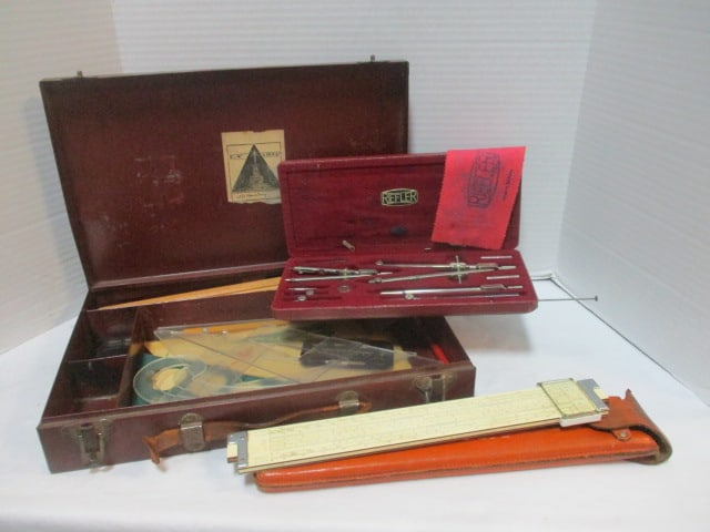 Vintage K&E Slide Rule in Leather Sheath, Metal Box of Drafting Tools/Templates (1 of 13)