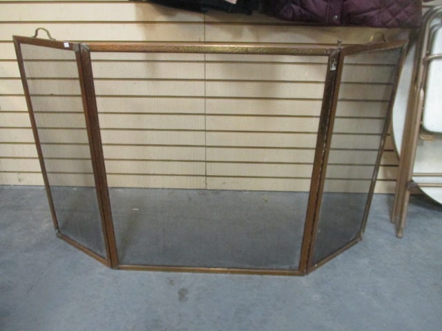 Antique Copper Frame 3 Panel Fireplace Screen with Brass Handles (1 of 7)