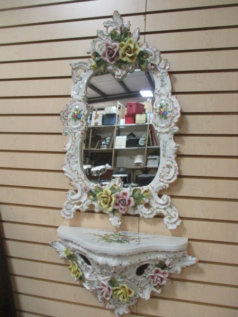 Beautiful Capodimonte Mirror and Console Set with Porcelain Roses: Mirror 18" x 31", Console 23" x 6 1/2" x 15", Local Pickup Only