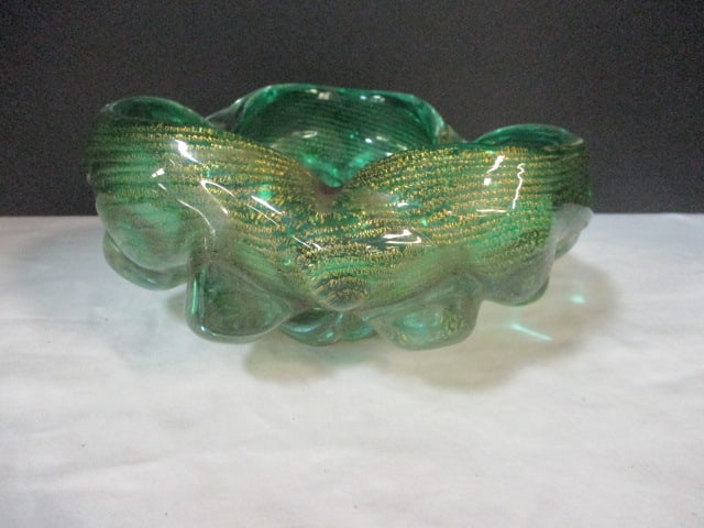 Green with Gold Aventurine Flecks Murano Style Glassware Ashtray (1 of 6)