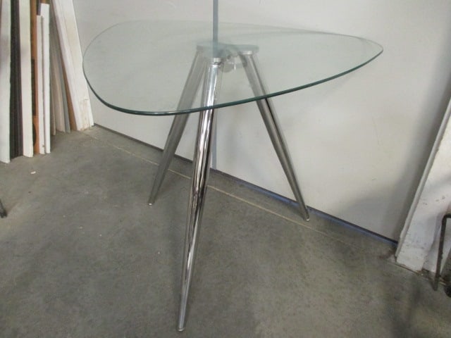 Chrome Tri-Leg Triangular Ghost Table: 35" x 33" x 29 3/4", Local Pickup Only