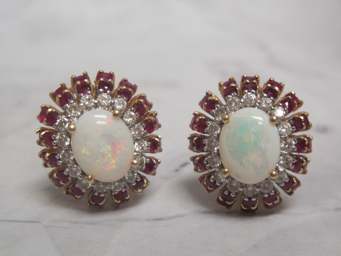 14k Gold Opal, Diamond and Ruby Earrings (1 of 4)