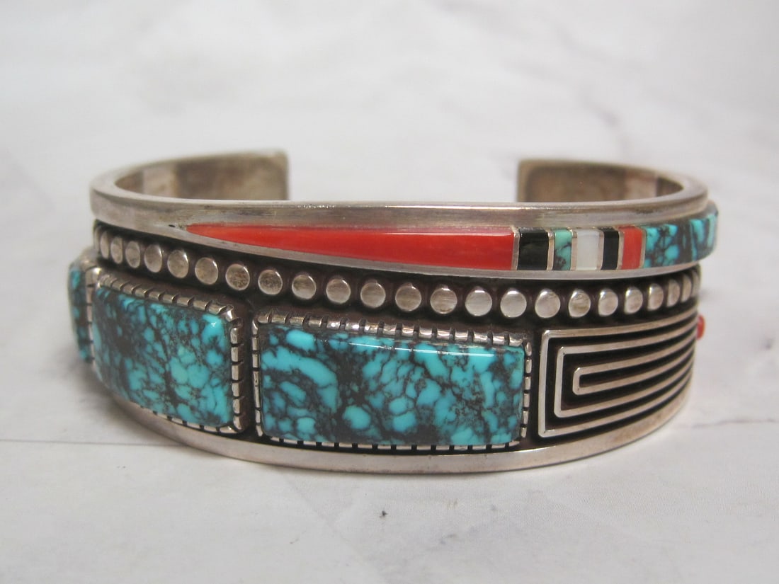 Sterling Silver Nells Turquoise, Coral, Onyx, Mother of Pearl Cuff Bracelet (1 of 7)