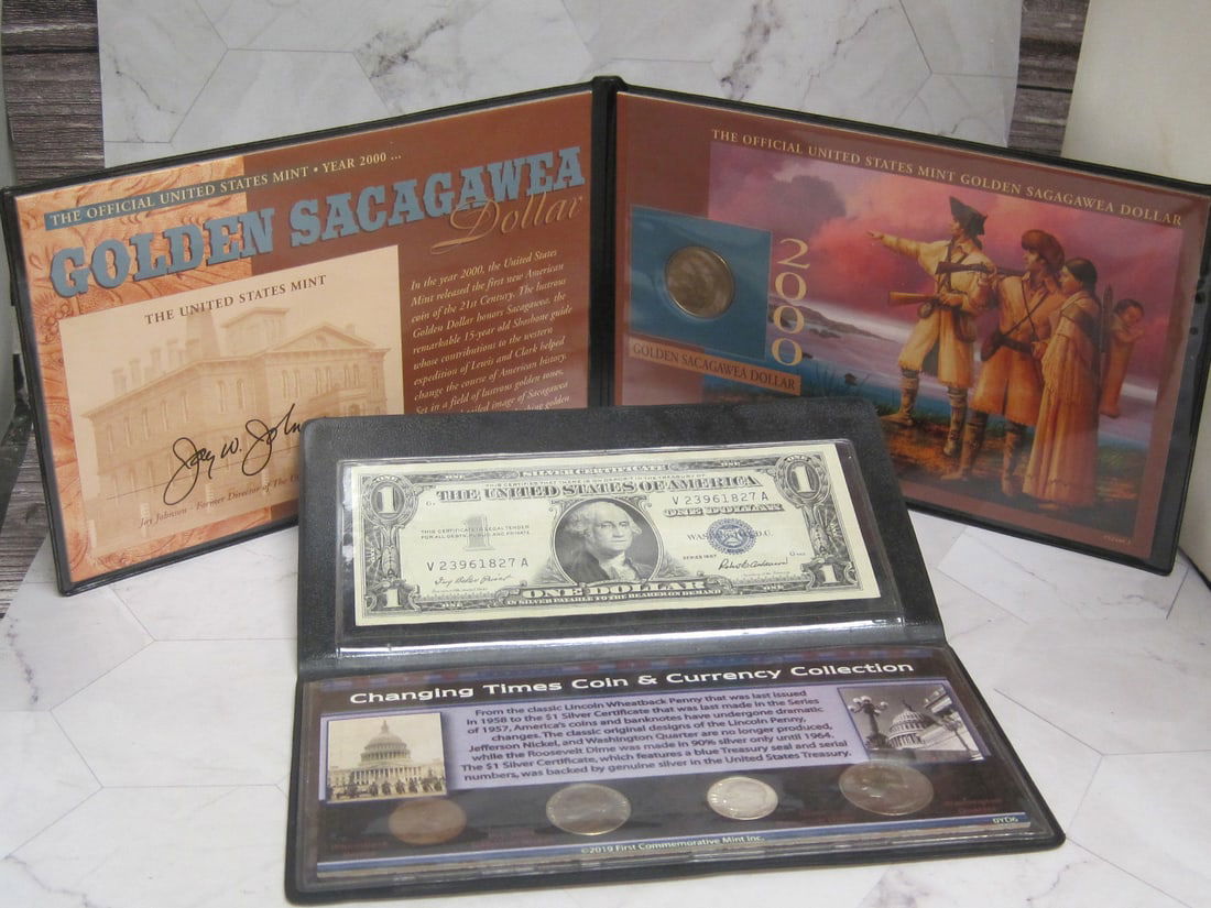 (2) Coin Sets- Golden Sacagawea Dollar and Changing Times Coin and Currency Collection (1 of 3)