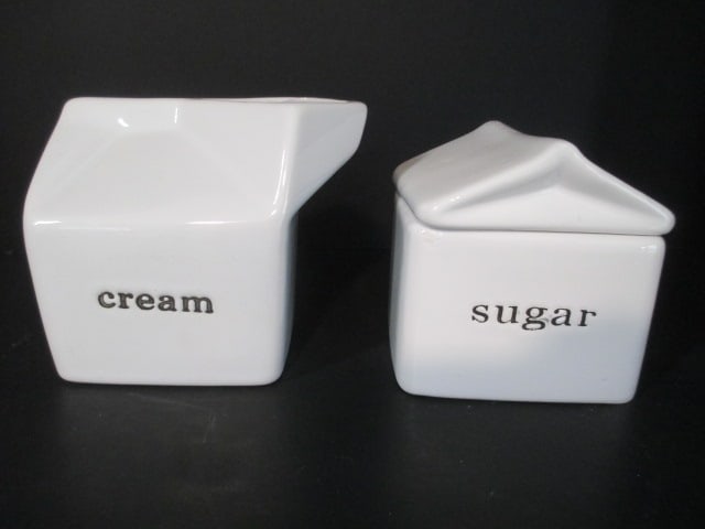 Signature Ceramic Milk Carton Form Creamer and House Form Sugar Bowl: 3 1/2"h, 3 1/4"h
