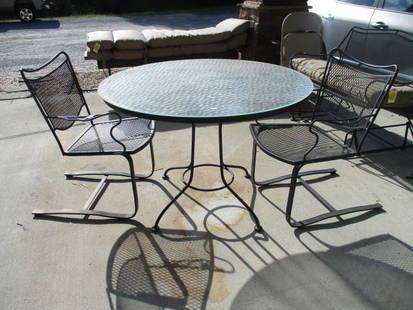 Wrought Iron Table w/Glass Top (42" Diam.) & 2 Bounce  Chairs: .
