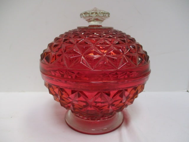Ruby Flash Diamond Point Pattern Footed Lidded Dish (1 of 6)