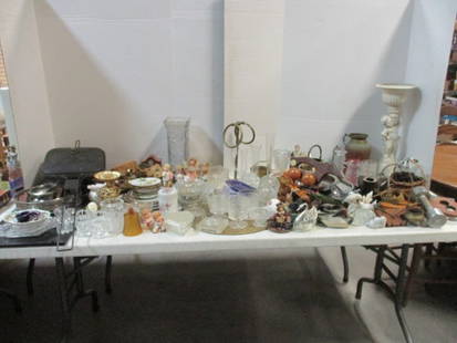Table Lot of Goodies! Clear Glassware, Vases, Figurines, Candle Holders, Porcelain Plates, etc.: See pictures and preview, Bring Boxes-Local Pickup Only
