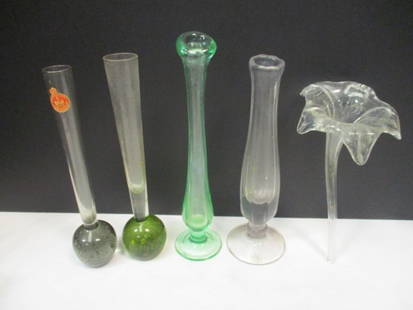 Two Footed Stretched Art Glass Bud Vases, Two Holmegaard Controlled Bubble: Art Glass Bud Vases and Art Glass Lily