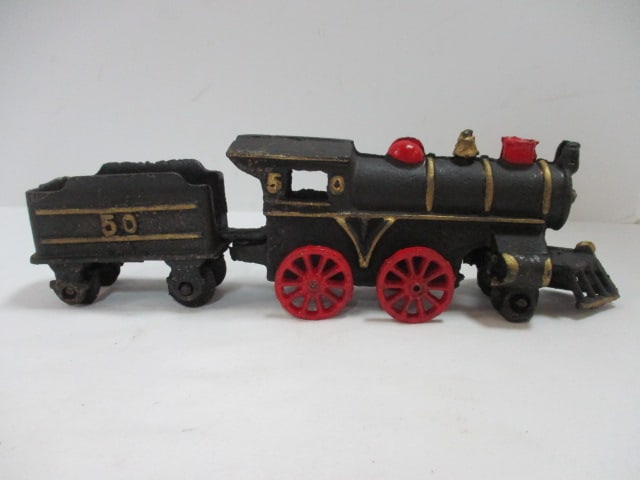 Handpainted Cast Iron Train Locomotive and Coal Car (1 of 6)