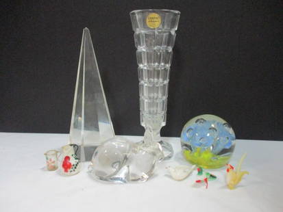 Cristal d'Arques Footed Crystal Bud Vase, Haviland Signed Crystal Rabbit Paperweight,: Blue Flower Art Glass Paperweight, Faceted Crystal Spire Paperweight and Miniature Art Glass Animals