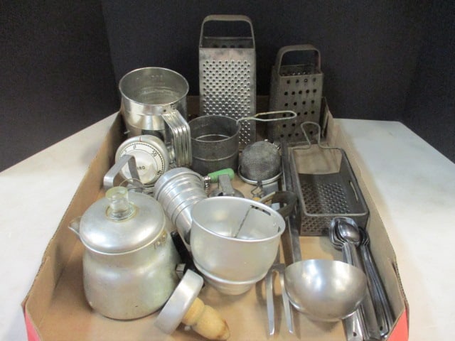 Vintage Kitchen Utensils-Box Graters, Sifters, Timer, Measuring Spoons, Hand Mixer, etc.: See pictures for selection