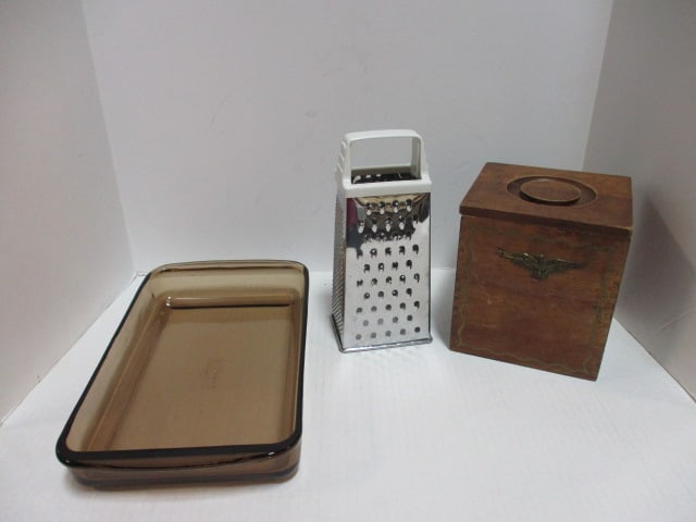 Wood Box (6 x 5 x 7), Pyrex Amber Casserole 13 x 8, &: Grater