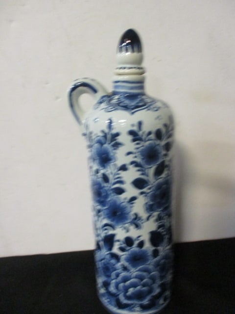 Mid Century Blue Olive Oil Bottle with Stopper.: 12'' Tall, 802B and Mark on Bottom.