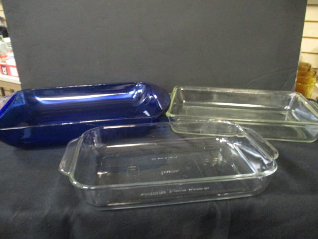 Two Pyrex Baking Dishes and Blue Anchor Baking Dish.: 2.2 Qt, 3 Qt. and 3 Qt.