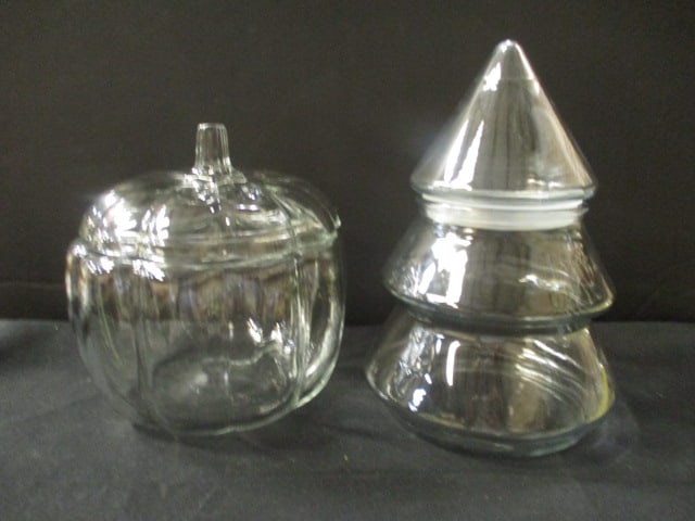 Glass Pumpkin Cookie Jar and Sealable Christmas Tree Jar.: 6 1/4 x 7 Pumpkin, Tree 9 3/4'' Tall.