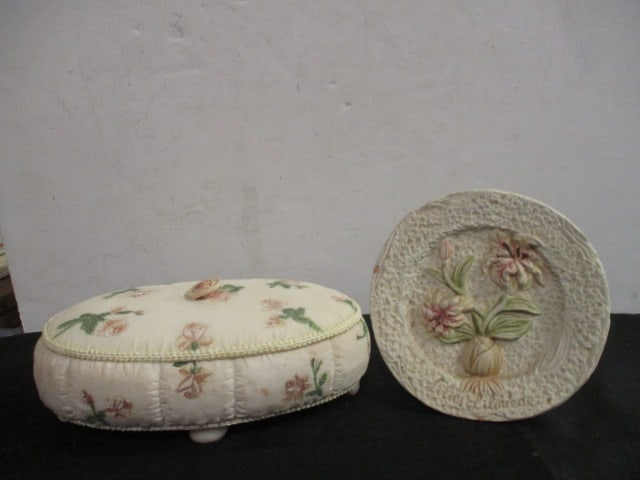 K's Collection Painted Bisque Musical Jewelry Box and Decorative Plate: 7" and 10"