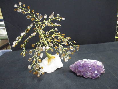 Amethyst Geode Stone and Decorative Crystal Geode Brass Tree: .