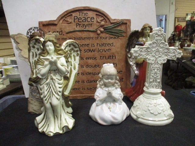 Religious Lot - Angel Figurines, Girl Praying Figurine, Cross Sculpture, Prayer: Plaque, see pictures and preview for selection and condition