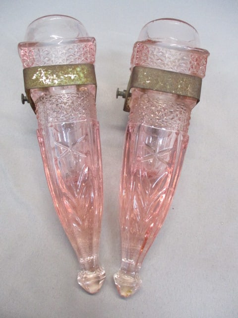 Pair 1920's Hearse Car Mount Pink Depression Glass Bud Vases (1 of 4)
